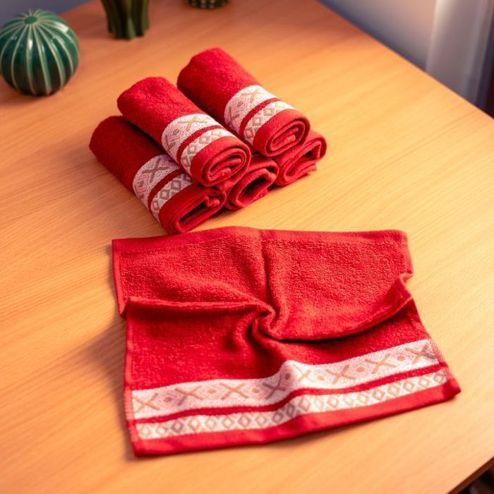 Serviette de toilette - A3 HOME - Pack de 6 - 30x30 cm - 100% coton - Design berbère rouge