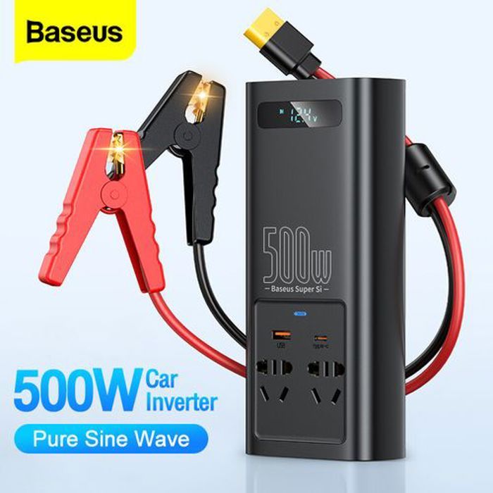 Baseus Onduleur de voiture 500W, Convertisseur 12V DC vers 220V AC, Allume Cigare et Cosse Batterie