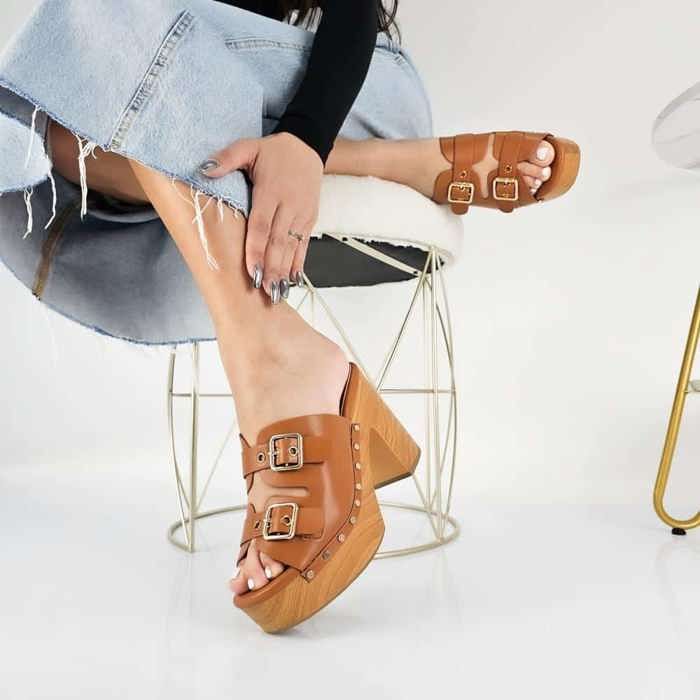 Sandales à talon - Ortensia - Tabac - Cuir synthétique - Talon large - Confort élégant - Marjane Mall - Image 1