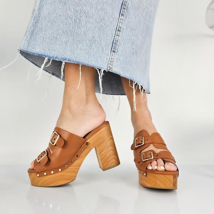 Sandales à talon - Ortensia - Tabac - Cuir synthétique - Talon large - Confort élégant - Marjane Mall - Image 3