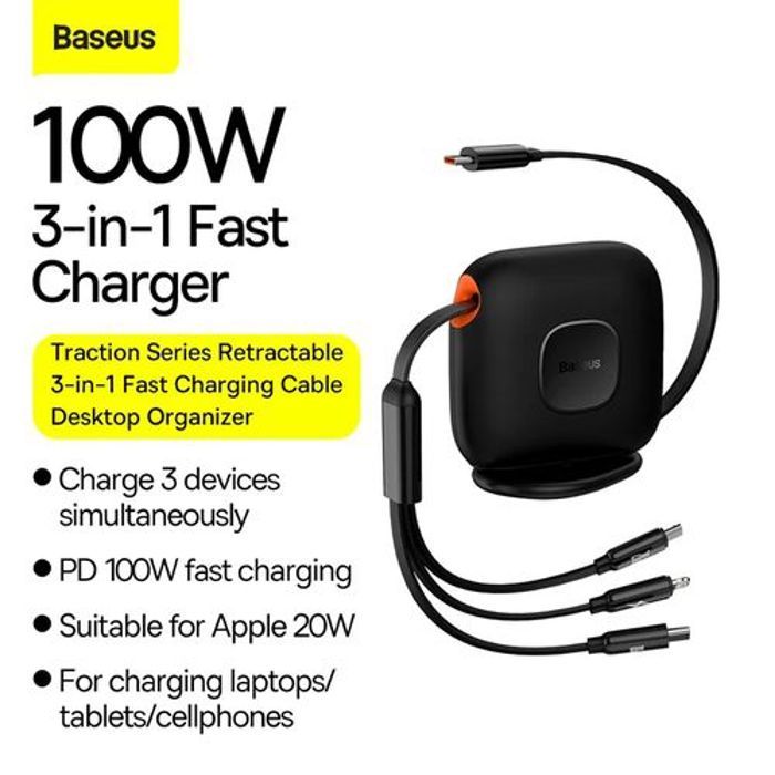 Baseus Câble Type-C rétractable 3 en 1, chargeur bureau, rapide, 100W