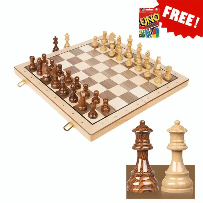 Jeu d'échecs en bois Staunton moyenne taille + Jeu de Carte Uno Gratuit