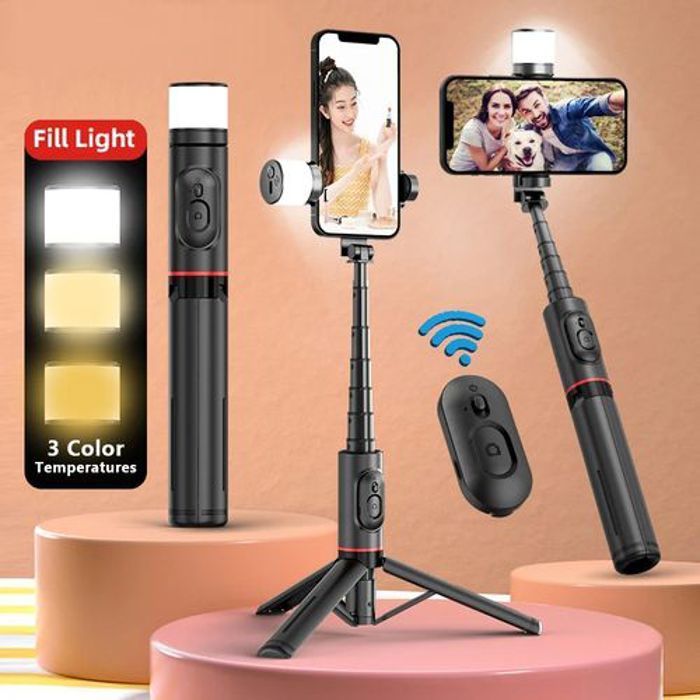 Selfie Stick Perche télescopique sans fil pour téléphone, trépied avec lumière d'appoint Bluetooth