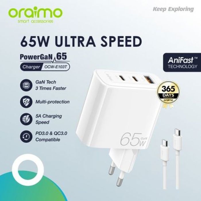 Oraimo Chargeur Rapide 65W GaN Tech USB Type-C Anifast, 3 Sorties avec Cable