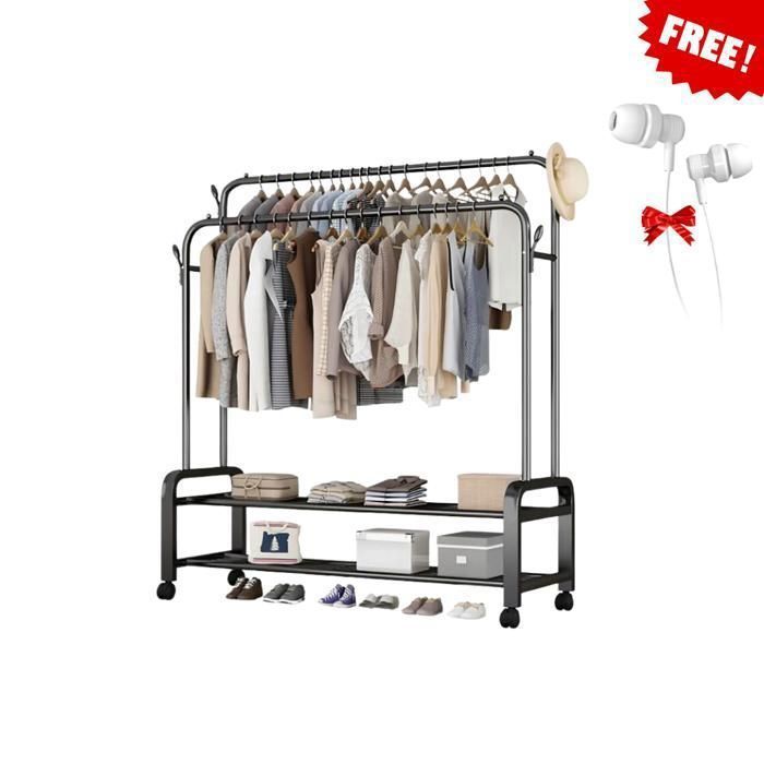 Porte Manteau Portant à Vêtements Penderie Cintre Tiges Double avec 2 étagère de Rangement Chaussures Noir, Avec écouteurs Gratuit
