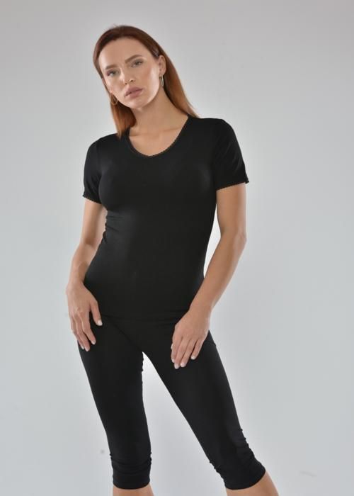 Tshirt Mc noir col V avec dent 95%viscose 5%élasthanne