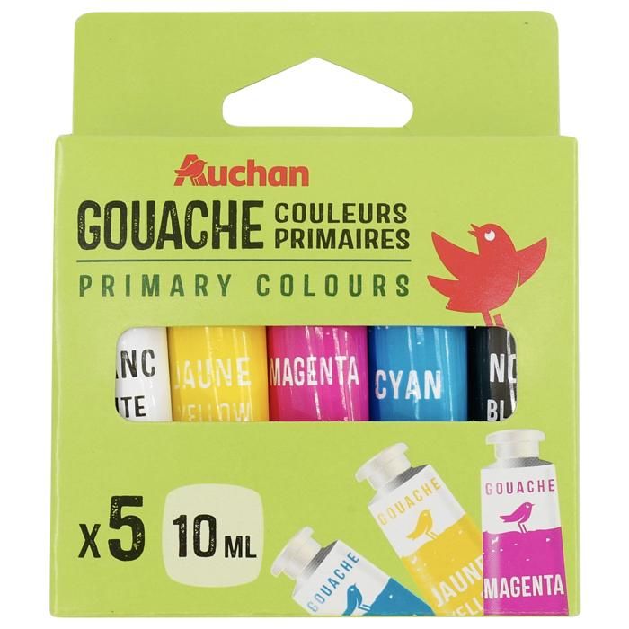 5 TUBES GOUACHE 10ML COUELURS PRIMAIRES AUCHAN