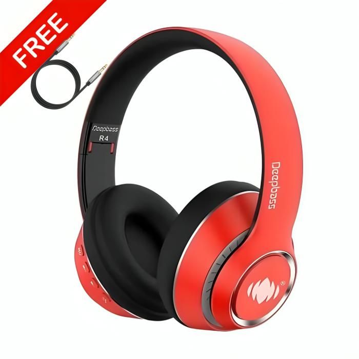 Casque bluetooth DeepBass R4 ROUGE  + Cable auxiliar Gratuit