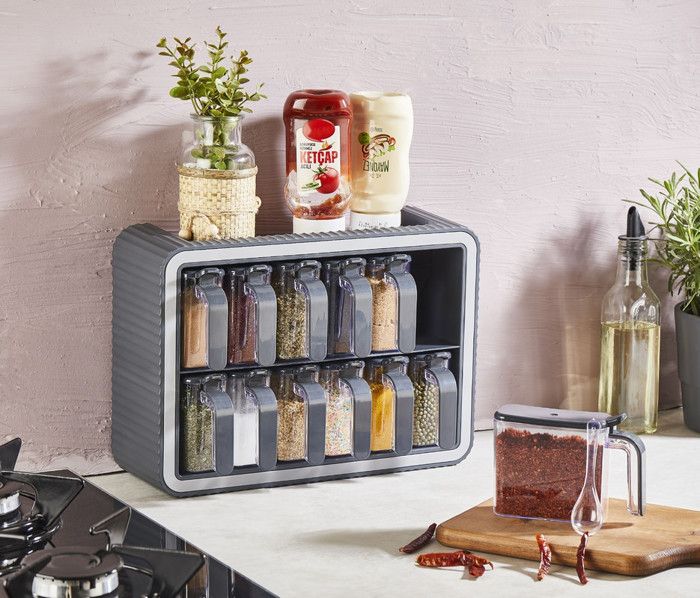 Ensemble de 12 Pots à épices avec cuillère, Rangement mural de conteneurs à épices avec cuillères