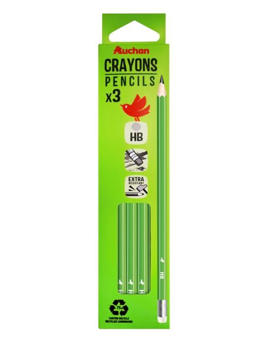 3 CRAYONS GRAPHITE HB AVEC GOMME AUCHAN