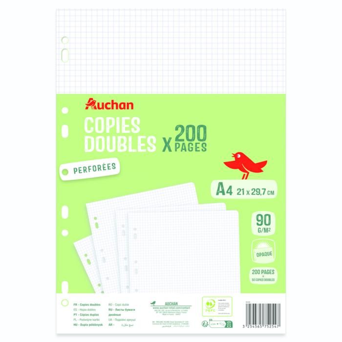 200 COPIES DOUBLES BLANCHES A4 AUCHAN