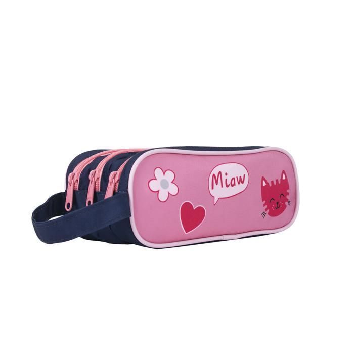 AUCHAN - Trousse rectangulaire, 3 compartiments - Motif Chat - Rose