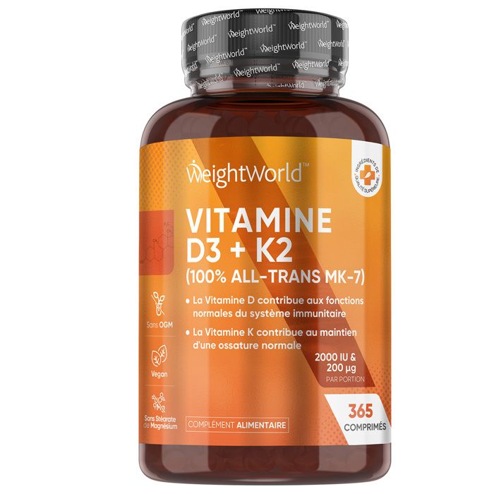 Vitamines D3 K2 MK7 100 % Pure 365 Comprimés Vegan Pour 1 An, Combinaison Vit D3 2000ui Avec Vitamine K2 200μg