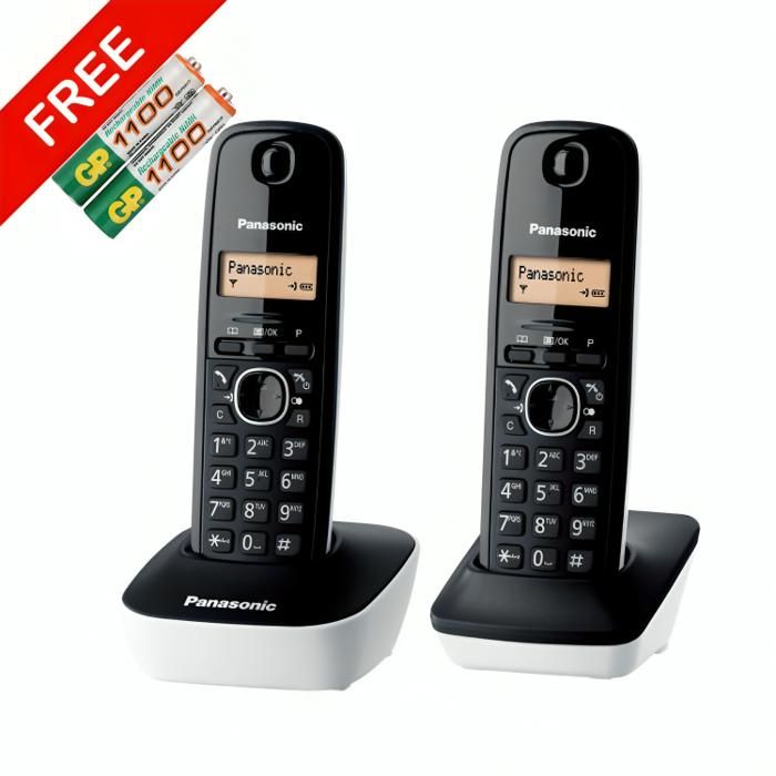 Téléphone  Fixe Sans Fil Panasonic KX-TG1612 Blanc + Deux Pile rechargeable GP AAA Gratuit