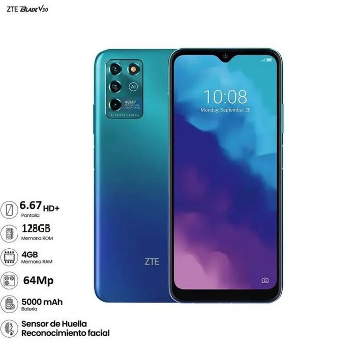 Zte Smartphone 128GB-Ram 4GB 4G 6.67" Gsm-Dual Sim-64MP- Blade V30-Bleu