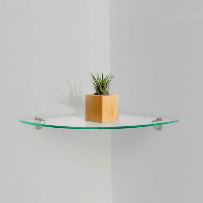 Étagère d'angle en verre pour salle de bain, chambre à coucher, bureau - Finition chromée - 200 mm x 200 mm