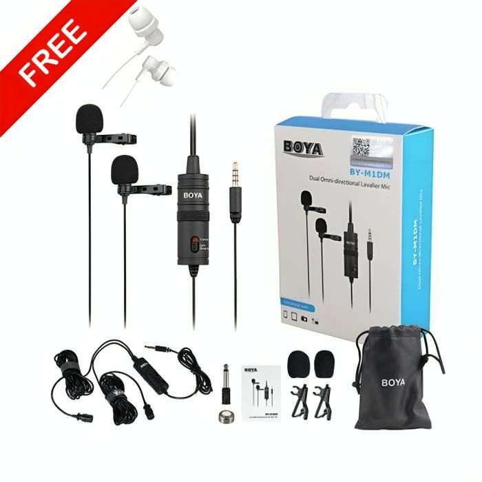 Microphone universel double cravate BOYA BY-M1DM Original + Écouteur Heavy Bass Gratuit