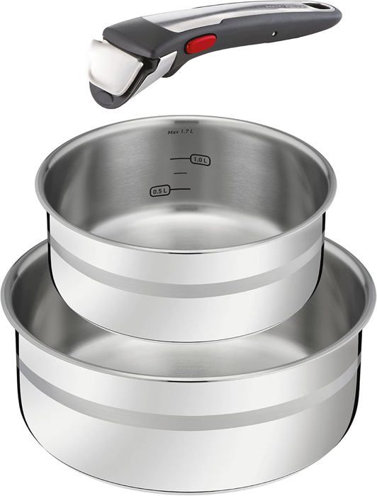 Batterie 2 Casseroles Tefal Ingenio 16/20 cm + Poignée Amovible - Acier Inoxydable Tous Feux + Induction