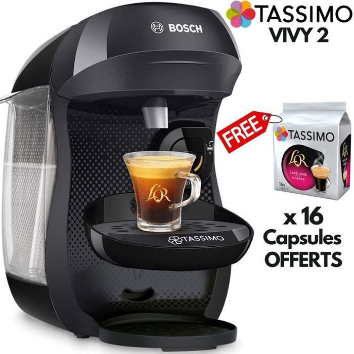 Bosch TASSIMO VIVY 2 Noir Cafétiere À Capsule+Pack 16 Dosettes OFFERTS Machine À Café Tous Types Boissons