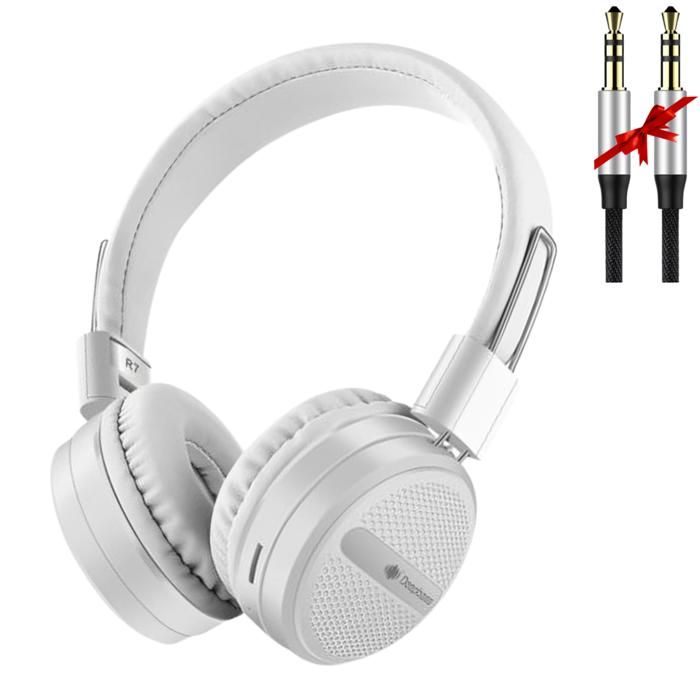 Casque Sans Fil Bluetooth DeepBass R7 Blanc + Cable Aux Gratuit