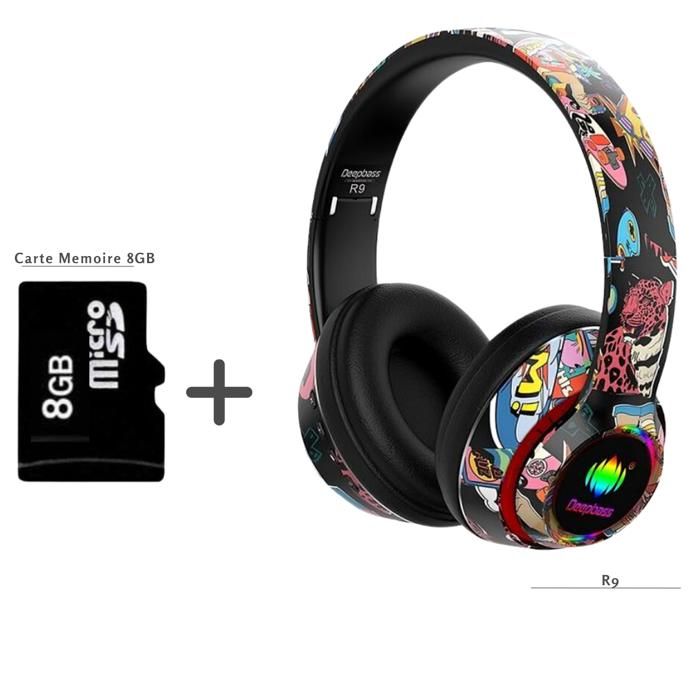 Deepbass Casque R9 Sans Fil RVB, Hi-Fi Bluetooth + Carte Mémoire 8GB