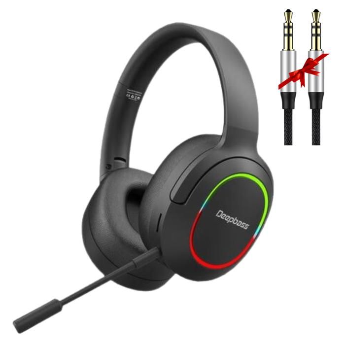 Casque Gaming Sans Fil Bluetooth DeepBass R10 - Noir LED RGB avec Micro + Cable Aux Gratuit