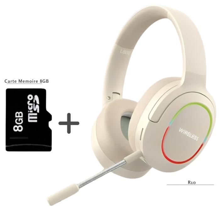 Casque Gaming Sans Fil Bluetooth DeepBass R10 - beige LED RGB avec Micro +Carte Mémoire 8GB