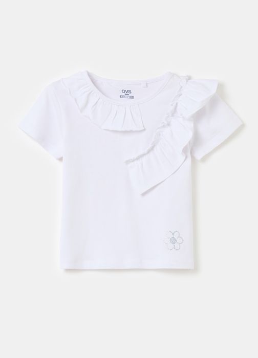 T-shirt avec volants et strass pour filles - Blanc 