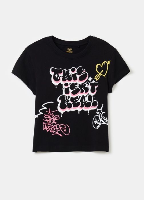 T-shirt - Non spécifié - Imprimé lettres - 100% coton - Col rond - Manches courtes