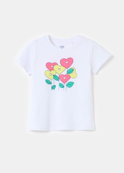 T-shirt - Non spécifié - Imprimé fleurs cœur - 100% coton - Manches courtes - Enfant fille