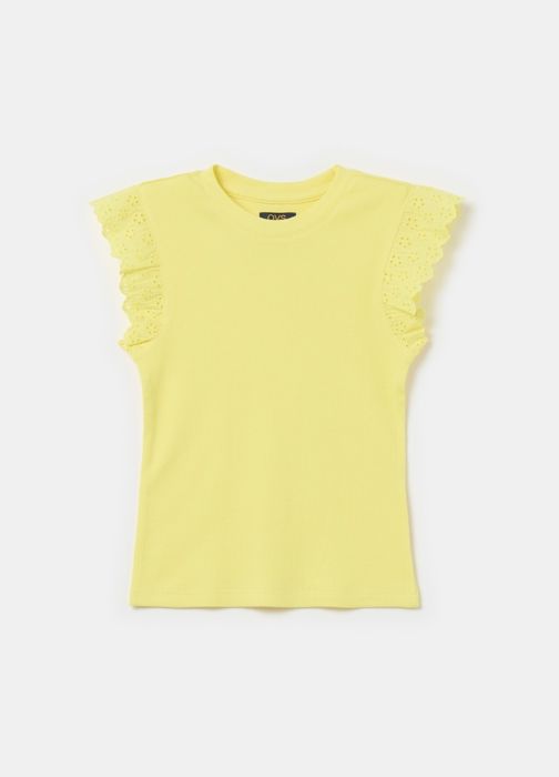T-shirt - Non spécifié - Côtelé - Broderie anglaise - Jaune - Ajusté - Fille