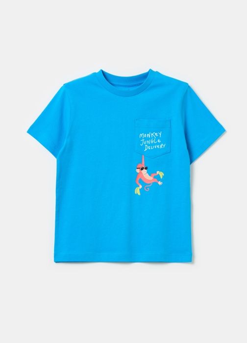 T-shirt - Non spécifié - Imprimé singe - Poche - 100% coton - Garçon - Bleu