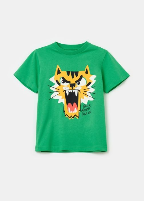 T-shirt - Non spécifié - Imprimé tigre - 100% coton bio - Vert - Manches courtes
