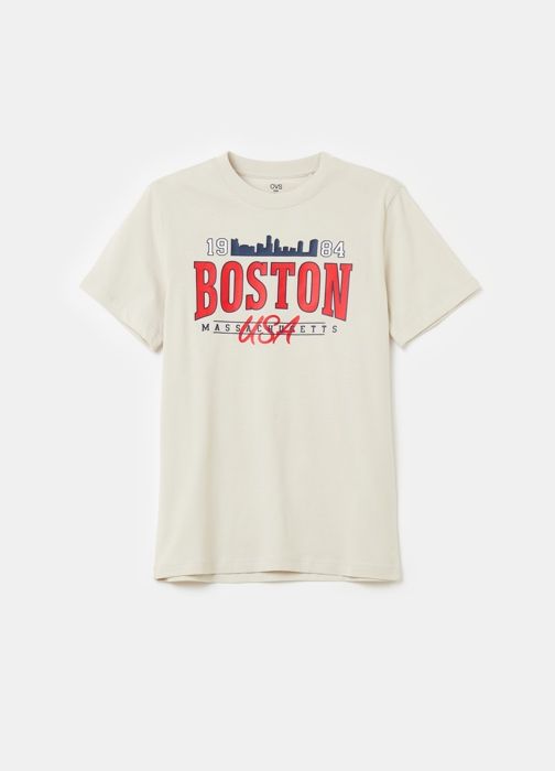 T-shirt - Houston College - Beige - 100% Coton - Manches Courtes - Col Rond