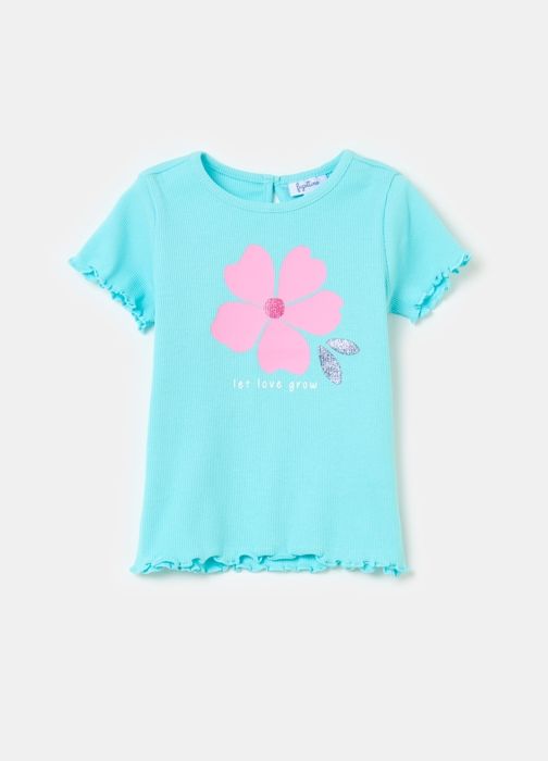 T-shirt - Non spécifié - Côtelé - Bleu - Ajusté - Manches courtes