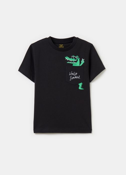 T-shirt - Non spécifié - Imprimé crocodile - Poche - 100% coton - Manches courtes