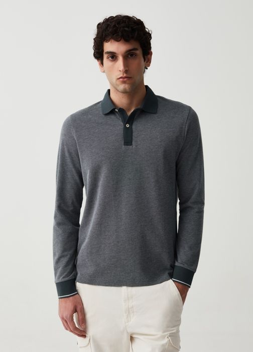 Polo à manches longues - Non spécifié - Tissage jacquard bicolore - 100% coton - Vert - Regular
