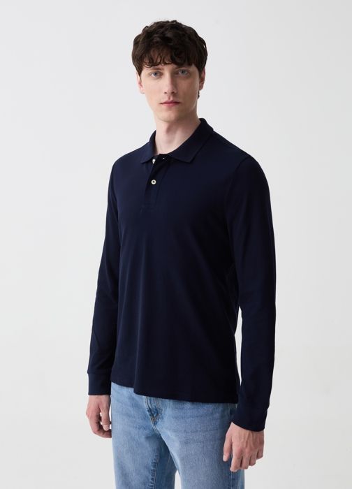 Polo - Non spécifié - Manches longues - 100% coton - Bleu Nuit - Coupe Regular