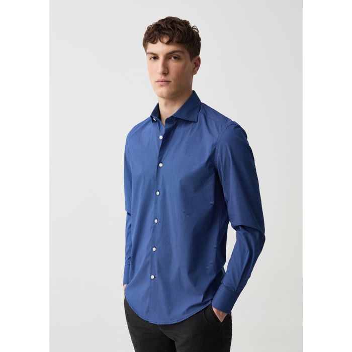 Chemise slim-fit - Non spécifié - Micro-motif - Coton stretch - Col écarté - Manches longues