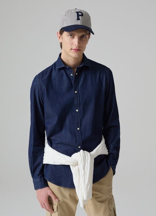 Chemise en denim - PIOMBO - Manches longues - 100% coton - Col cutaway - Bleu