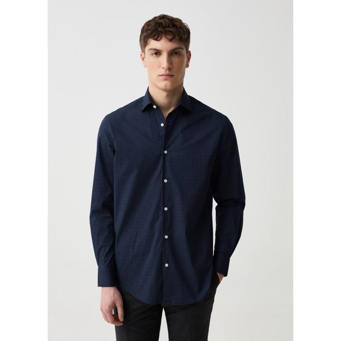 Chemise - Non spécifié - Motif traits - Coton stretch - Col écarté - Regular