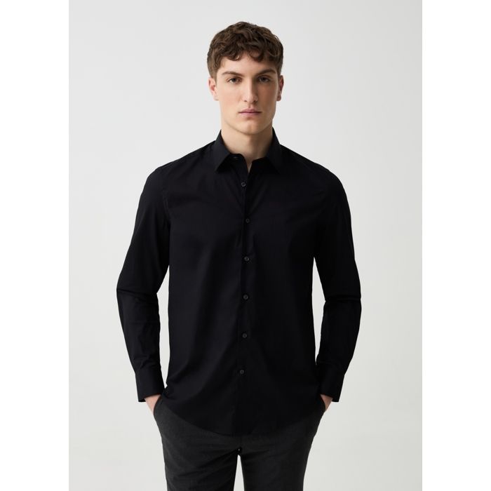 Chemise slim fit - Non spécifié - Noir - Coton stretch - Manches longues - Col écarté