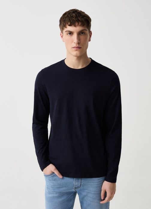 T-shirt à manches longues - MARQUE - Modèle - 100% coton - Bleu Nuit - Coupe Regular