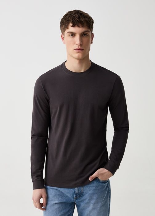 T-shirt à manches longues - MARQUE - Modèle - Gris - Coton stretch - Col rond