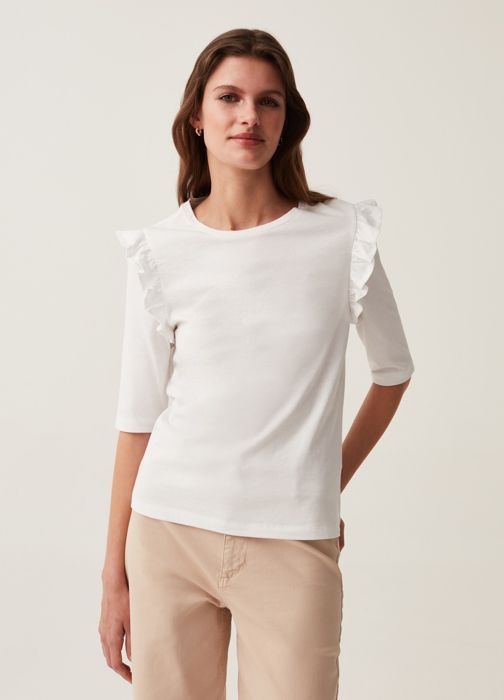 T-shirt - OVS HOUSEBRAND - Manches mi-longues - 100% coton - Col arrondi - Blanc