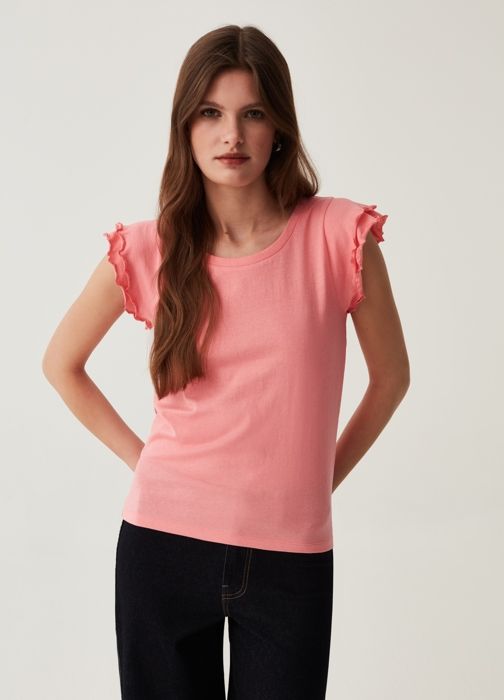T-shirt en coton - OVS HOUSEBRAND - Modèle avec volants - Couleur rose fraise - Manches courtes - Col arrondi