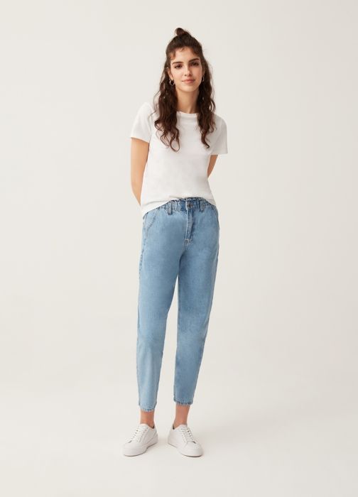 Jean raccourci slouchy - BLEU - Femme - 100% coton - Taille haute - Coupe loose