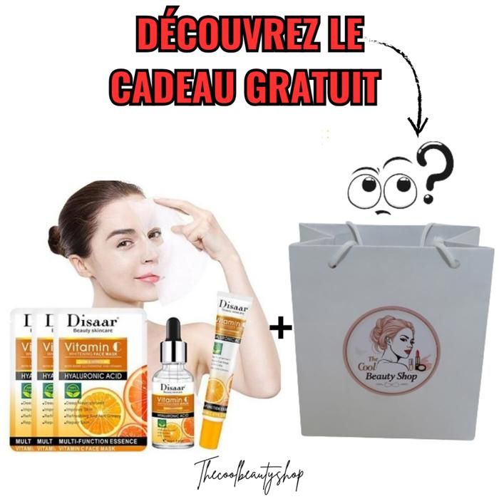 Pack soins visage à la vitamine C, acide hyaluronique, 3 Masques facial, sérum, crème yeux efficace 30ml