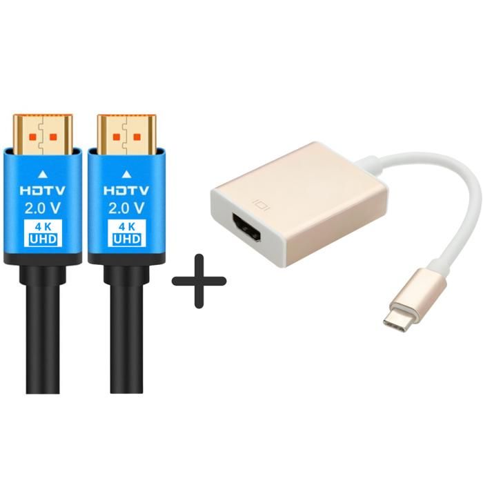 Cable HDMI 3m HDTV PREMIUM 4K ULTRA HD + Adaptateur USB-C Vers HDMI