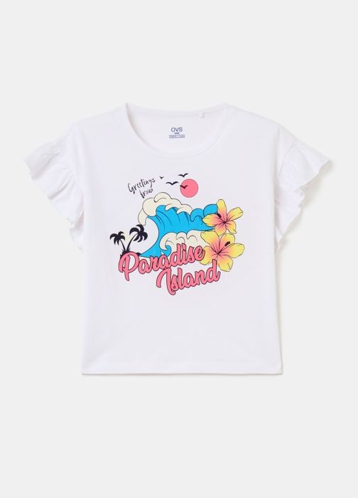 T-shirt - Non spécifié - Imprimé vagues et fleurs - 100% coton - Manches courtes - Col arrondi